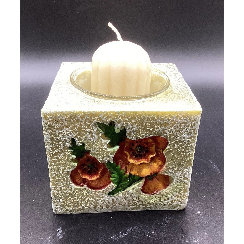 Fall‎ Floral Votive Candle Holder Candle Autumn Fall Decor Resin 3" Square As Is